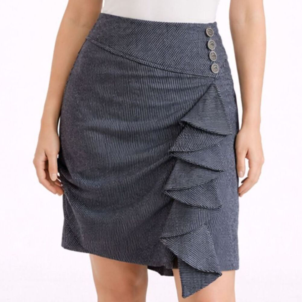 Vintage Anthropology Eva Franco Tweed Skirt Gray Navy Stripe Ruffle 2